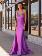 Sarai |Mermaid V - Neck Jersey Formal Dress with Lace - Up Back - KissProm
