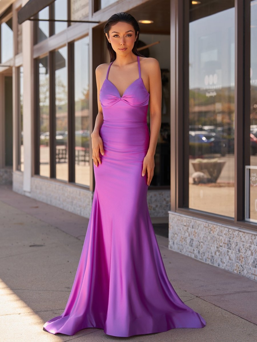 Sarai |Mermaid V - Neck Jersey Formal Dress with Lace - Up Back - KissProm