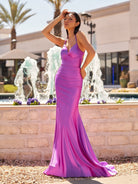 Sarai |Mermaid V - Neck Jersey Formal Dress with Lace - Up Back - KissProm