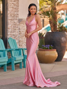 Ixia | V Neck Pink Satin Mermaid Sleeveless Long Prom Dress - KissProm