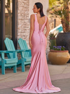 Ixia | V Neck Pink Satin Mermaid Sleeveless Long Prom Dress - KissProm