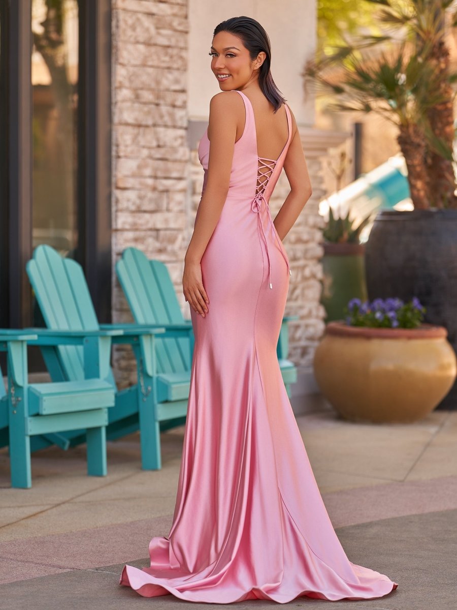 Ixia | V Neck Pink Satin Mermaid Sleeveless Long Prom Dress - KissProm