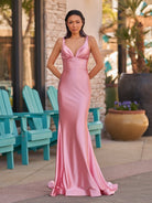 Ixia | V Neck Pink Satin Mermaid Sleeveless Long Prom Dress - KissProm