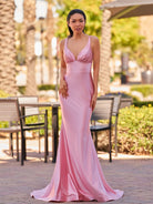 Ixia | V Neck Pink Satin Mermaid Sleeveless Long Prom Dress - KissProm