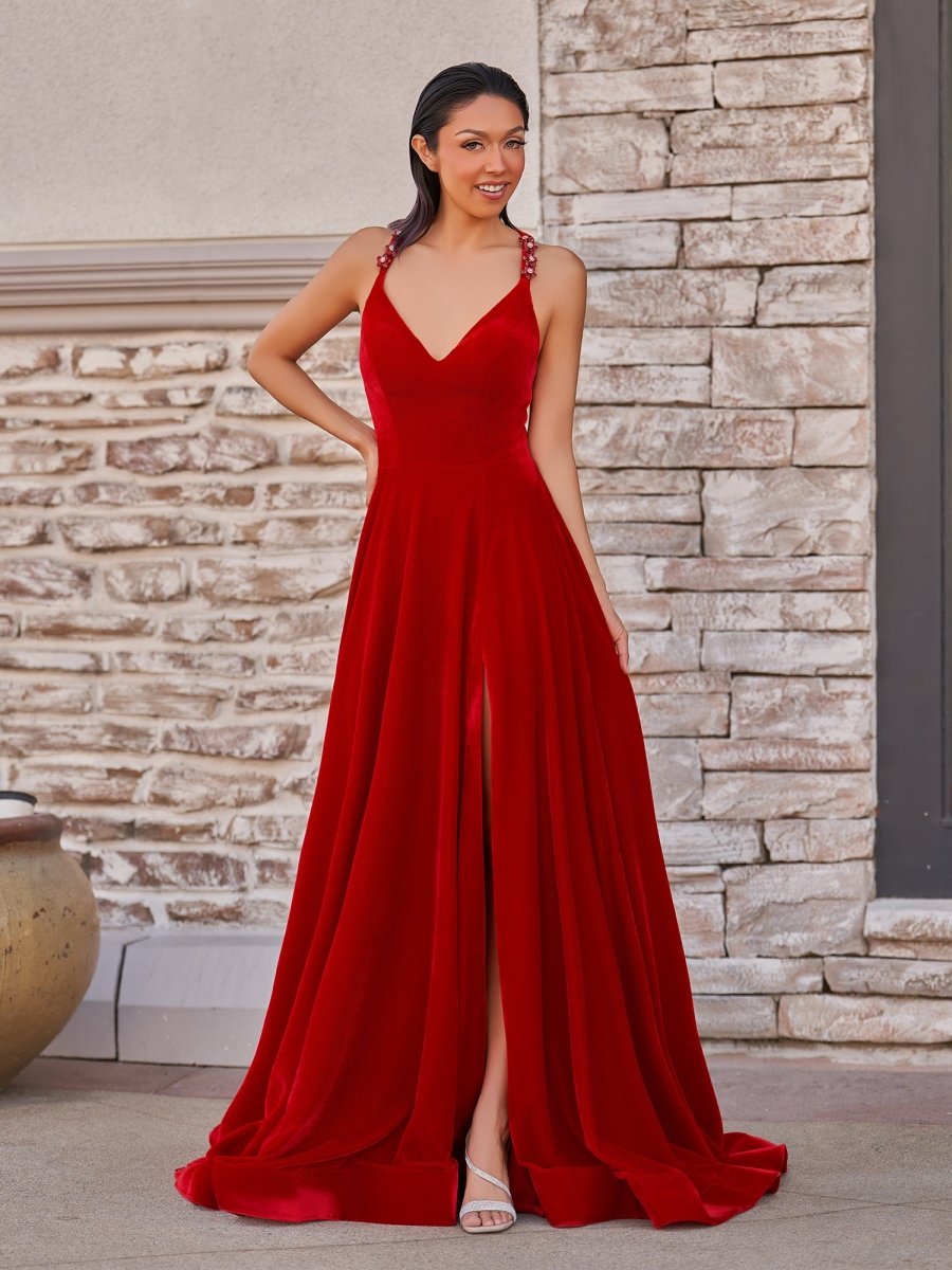 Rylan| Red Velvet Plunge V Cross Back A - Line Long Formal Dress - KissProm
