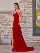 Rylan| Red Velvet Plunge V Cross Back A - Line Long Formal Dress - KissProm