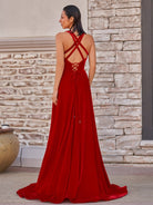 Rylan| Red Velvet Plunge V Cross Back A - Line Long Formal Dress - KissProm