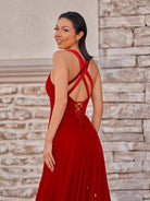Rylan| Red Velvet Plunge V Cross Back A - Line Long Formal Dress - KissProm
