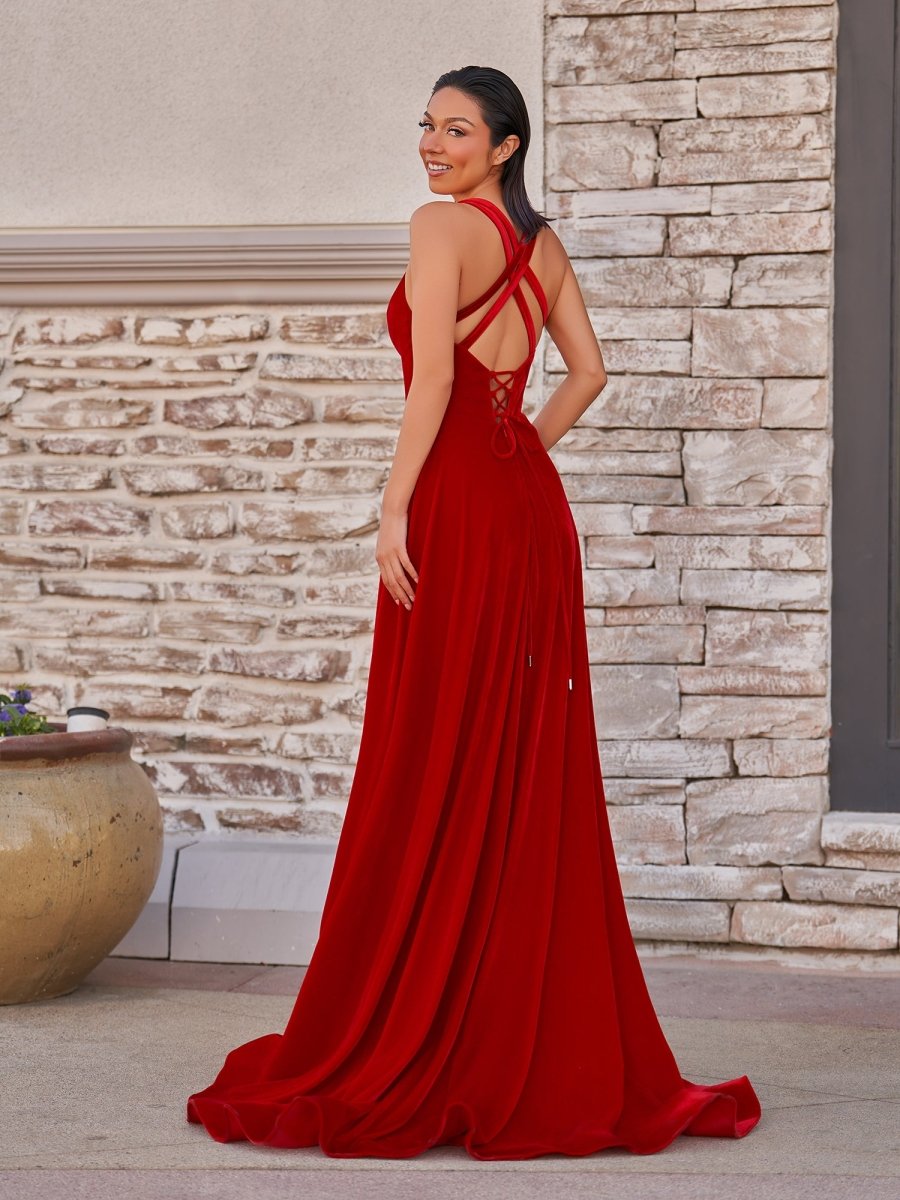 Rylan| Red Velvet Plunge V Cross Back A - Line Long Formal Dress - KissProm