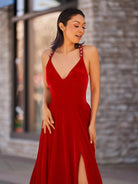 Rylan| Red Velvet Plunge V Cross Back A - Line Long Formal Dress - KissProm
