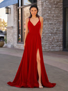 Rylan| Red Velvet Plunge V Cross Back A - Line Long Formal Dress - KissProm