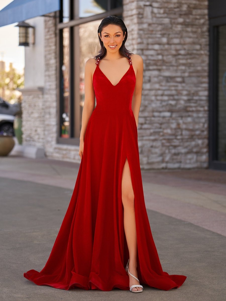 Rylan| Red Velvet Plunge V Cross Back A - Line Long Formal Dress - KissProm