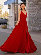 Rylan| Red Velvet Plunge V Cross Back A - Line Long Formal Dress - KissProm