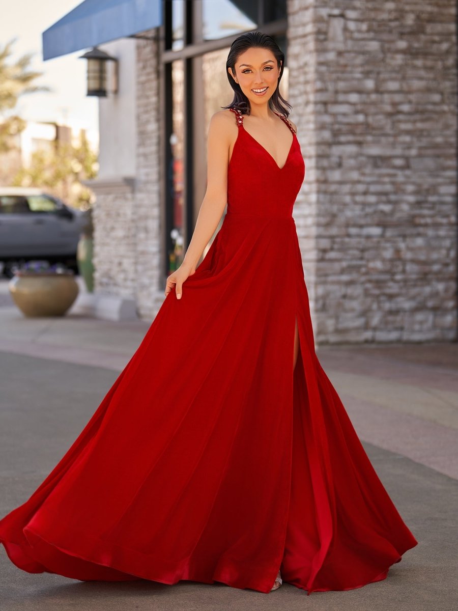Rylan| Red Velvet Plunge V Cross Back A - Line Long Formal Dress - KissProm