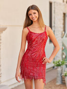 Eleri | Sparkly Sheath Spaghetti Straps Gold Short Homecoming Dress with Tassel - KissProm