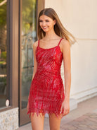 Eleri | Sparkly Sheath Spaghetti Straps Gold Short Homecoming Dress with Tassel - KissProm