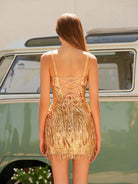 Eleri | Sparkly Sheath Spaghetti Straps Gold Short Homecoming Dress with Tassel - KissProm