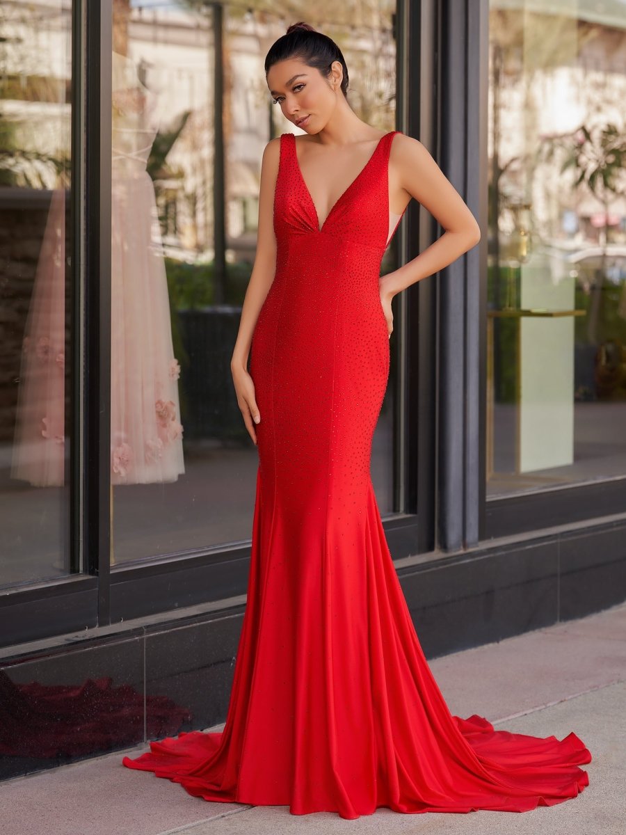 Molly | Mermaid Deep V - Neck Beaded Satin Long Prom Dress - KissProm
