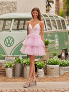 Layla | A - Line Deep V Neck Tiered Short Homecoming Dress - KissProm