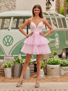 Layla | A - Line Deep V Neck Tiered Short Homecoming Dress - KissProm