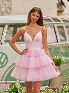 Layla | A - Line Deep V Neck Tiered Short Homecoming Dress - KissProm