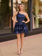 Emma | A Line One Shoulder Navy Tiered Lace Short Homecoming Dress - KissProm