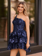 Emma | A Line One Shoulder Navy Tiered Lace Short Homecoming Dress - KissProm