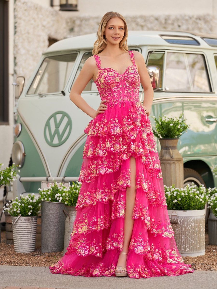 Capri | A - Line Lace Off - the - Shoulder Tiered Long Prom Dress with Slit - KissProm