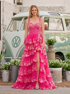 Capri | A - Line Lace Off - the - Shoulder Tiered Long Prom Dress with Slit - KissProm