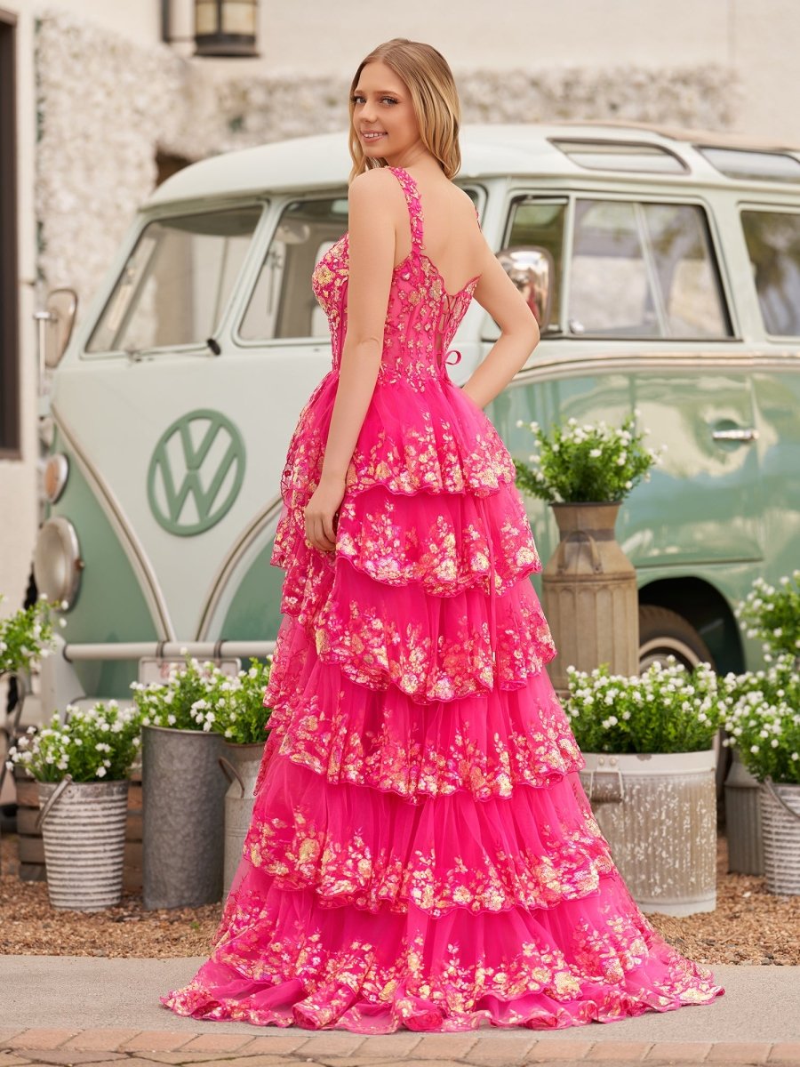 Capri | A - Line Lace Off - the - Shoulder Tiered Long Prom Dress with Slit - KissProm