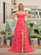 Cinizia | Chiffon Fuchsia Sweetheart Tiered Ruffles Prom Dress with Slit - KissProm