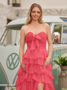 Cinizia | Chiffon Fuchsia Sweetheart Tiered Ruffles Prom Dress with Slit - KissProm