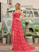 Cinizia | Chiffon Fuchsia Sweetheart Tiered Ruffles Prom Dress with Slit - KissProm