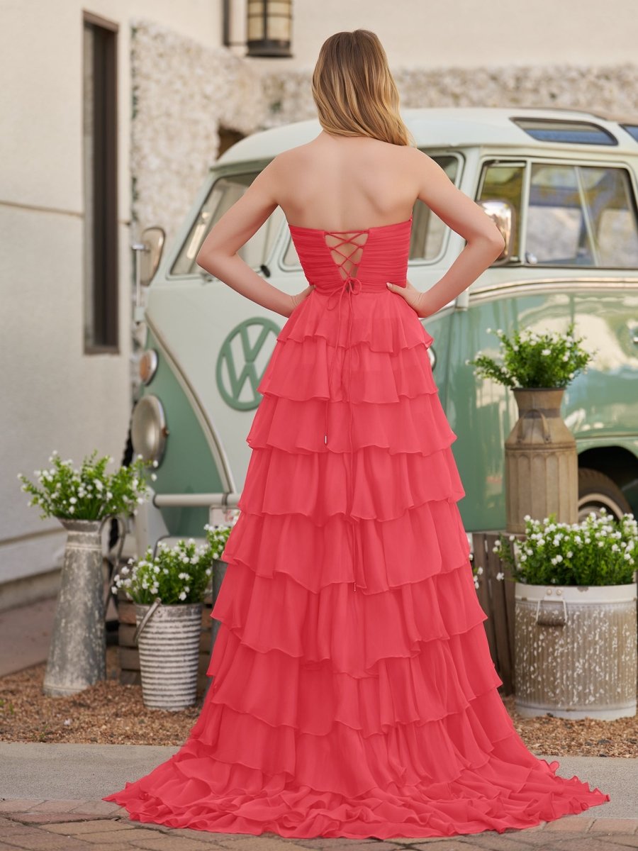 Cinizia | Chiffon Fuchsia Sweetheart Tiered Ruffles Prom Dress with Slit - KissProm