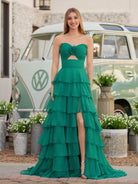Darlin | A - Line Strapless V - Neck Layered Chiffon Sleeveless Formal Prom Dress - KissProm