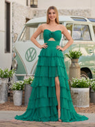 Darlin | A - Line Strapless V - Neck Layered Chiffon Sleeveless Formal Prom Dress - KissProm