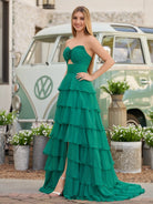 Darlin | A - Line Strapless V - Neck Layered Chiffon Sleeveless Formal Prom Dress - KissProm