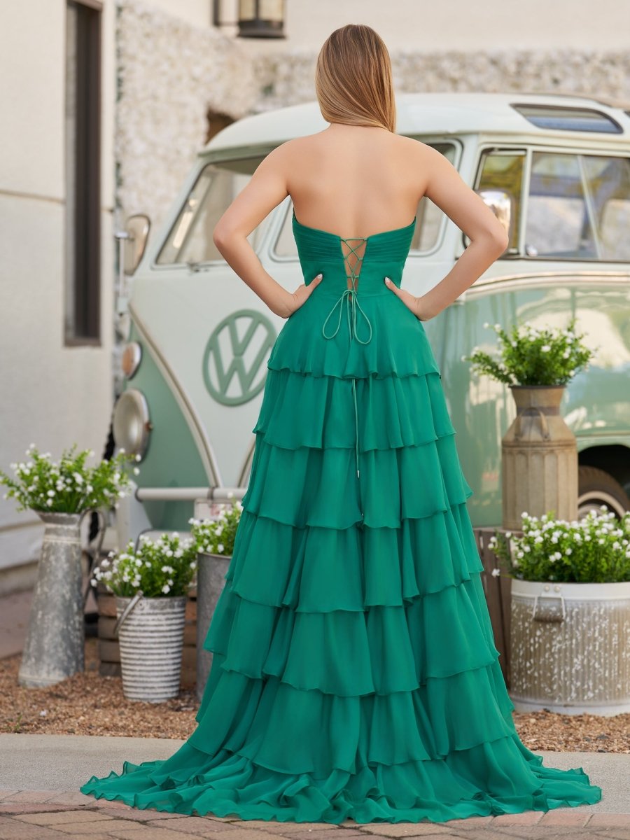 Darlin | A - Line Strapless V - Neck Layered Chiffon Sleeveless Formal Prom Dress - KissProm