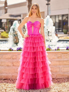 Rozara | Fuchsia A - Line Sweetheart Keyhole Tiered Tulle Long Prom Dresses - KissProm