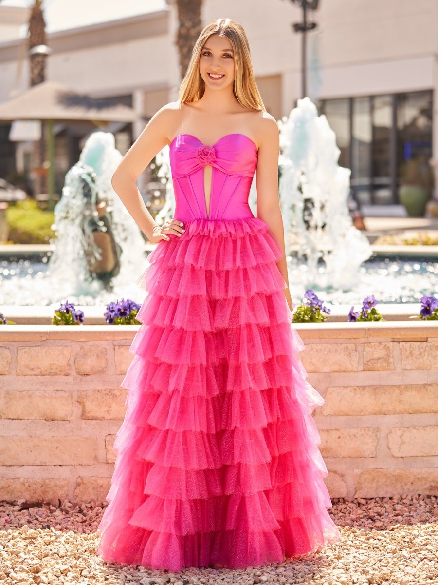 Rozara | Fuchsia A - Line Sweetheart Keyhole Tiered Tulle Long Prom Dresses - KissProm