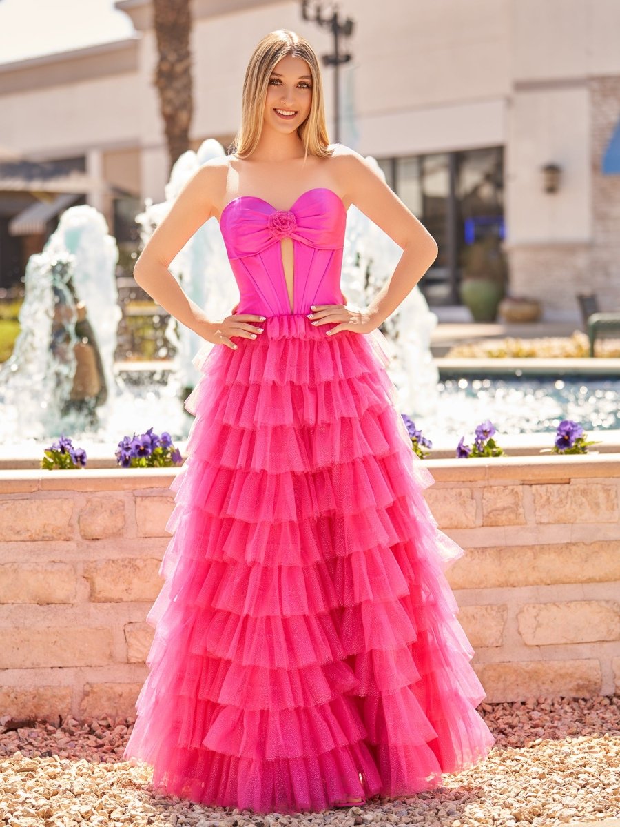 Rozara | Fuchsia A - Line Sweetheart Keyhole Tiered Tulle Long Prom Dresses - KissProm
