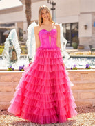 Rozara | Fuchsia A - Line Sweetheart Keyhole Tiered Tulle Long Prom Dresses - KissProm