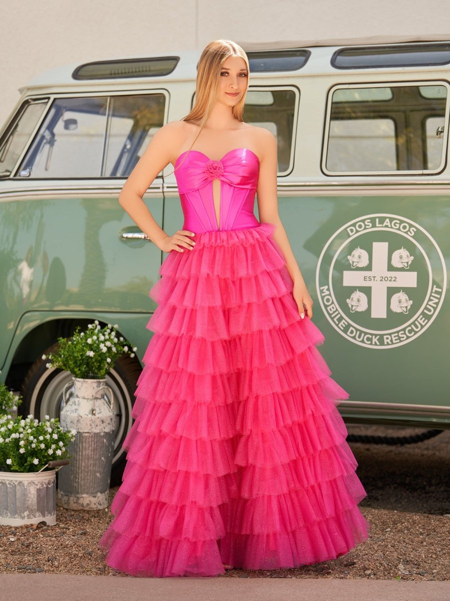 Rozara | Fuchsia A - Line Sweetheart Keyhole Tiered Tulle Long Prom Dresses - KissProm