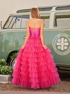 Rozara | Fuchsia A - Line Sweetheart Keyhole Tiered Tulle Long Prom Dresses - KissProm
