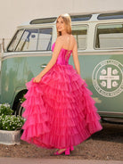 Rozara | Fuchsia A - Line Sweetheart Keyhole Tiered Tulle Long Prom Dresses - KissProm