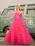 Rozara | Fuchsia A - Line Sweetheart Keyhole Tiered Tulle Long Prom Dresses - KissProm