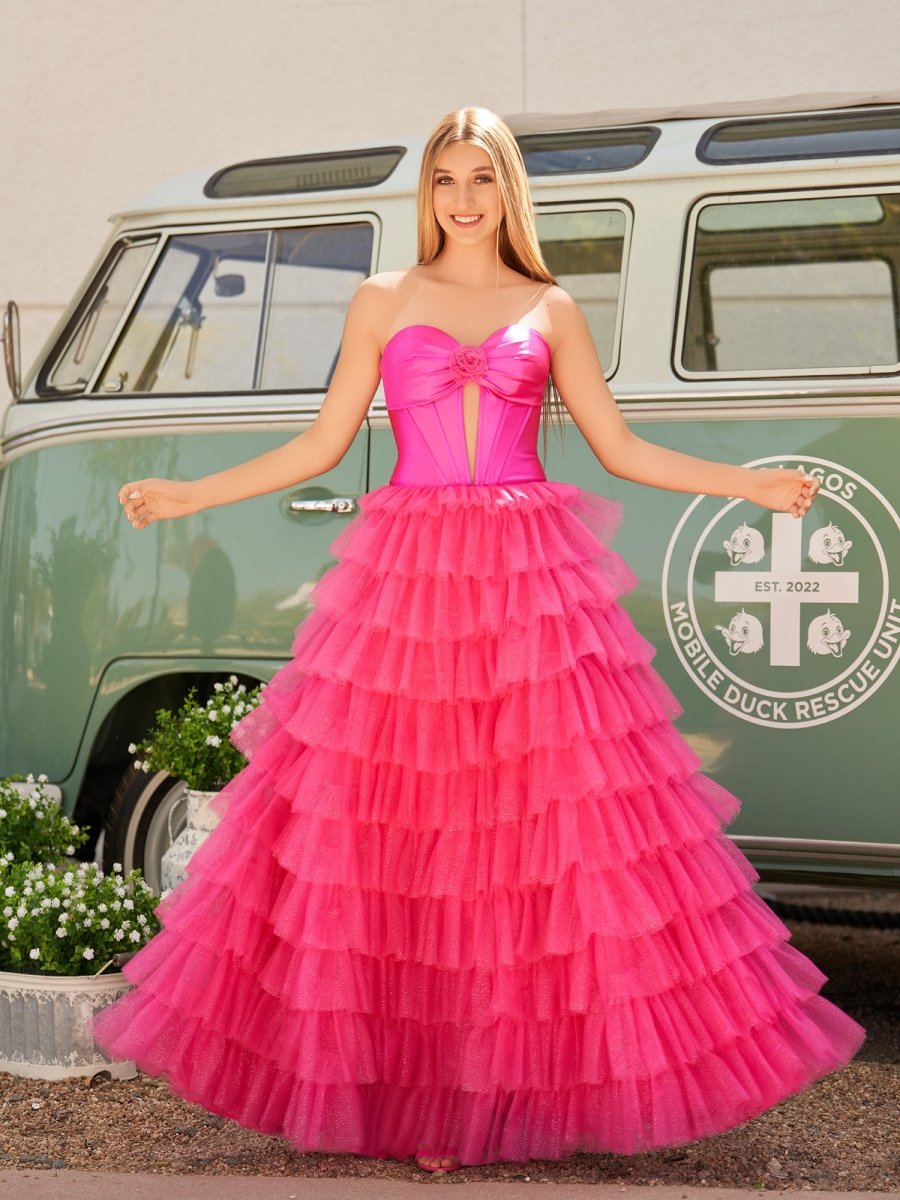 Rozara | Fuchsia A - Line Sweetheart Keyhole Tiered Tulle Long Prom Dresses - KissProm