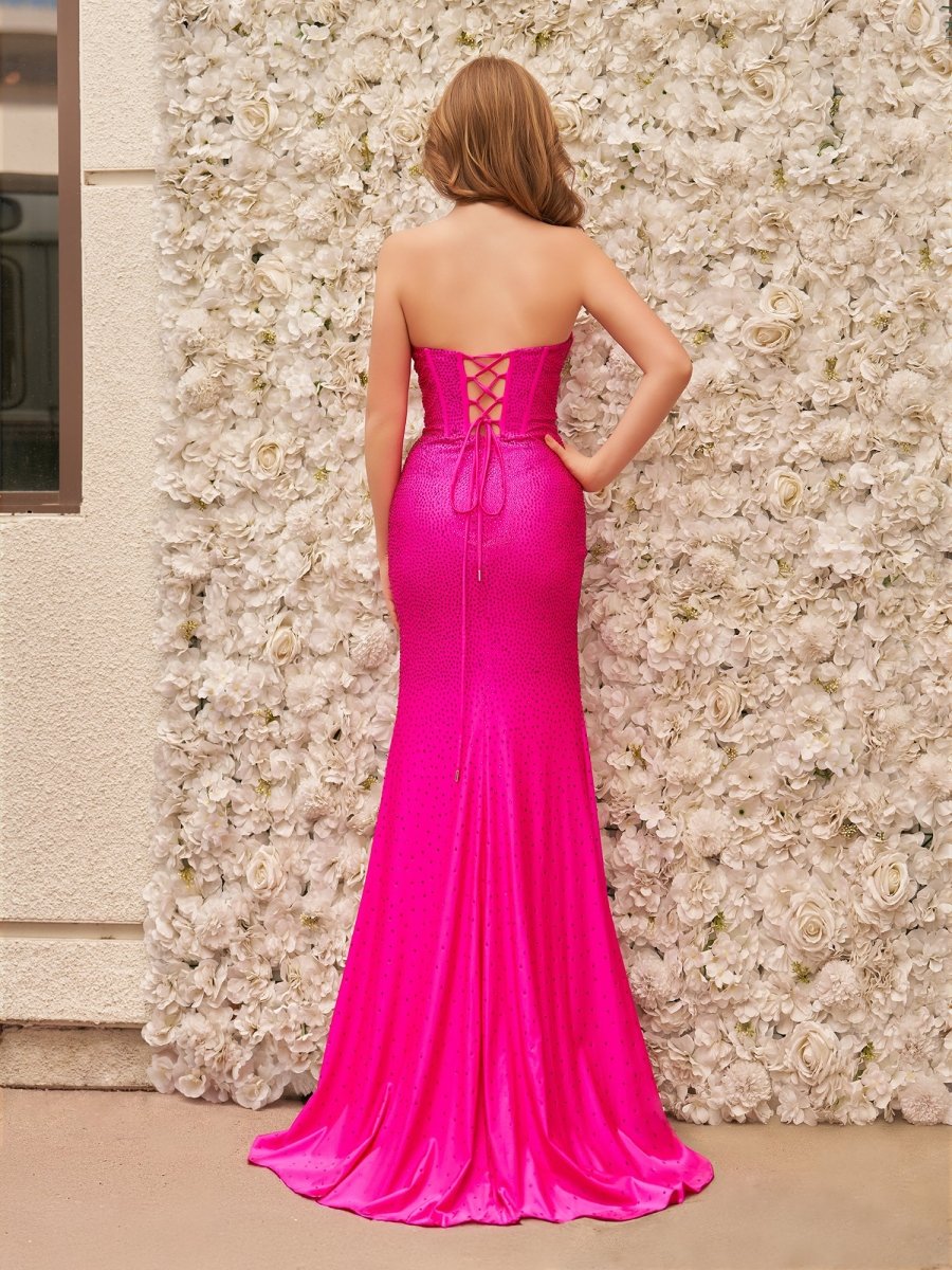 Miles | Mermaid Fuchsia Strapless Asymmetrical Beaded Long Prom Dress with Slit - KissProm