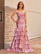 Yvonne | Charming Mermaid Strapless Pink Satin Long Prom Dresses with Appliques - KissProm