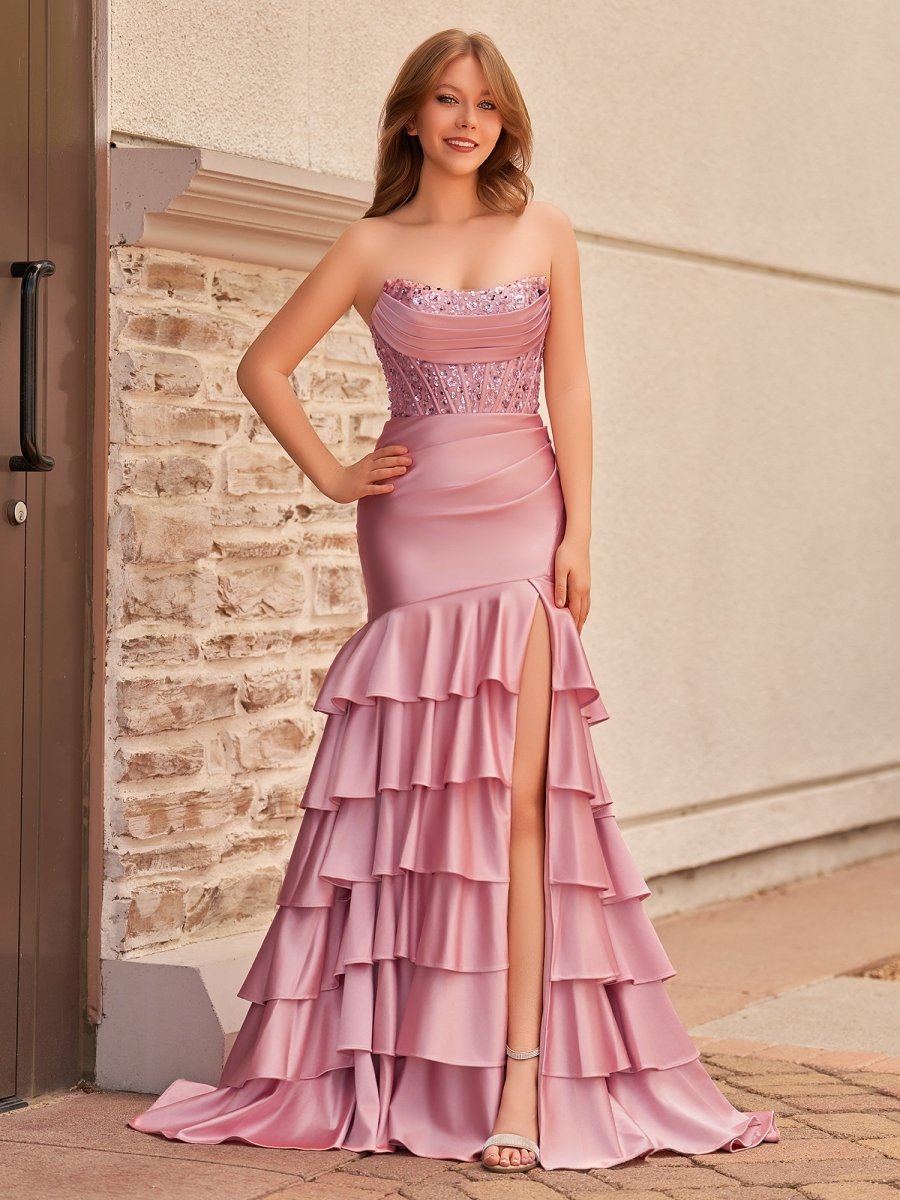 Yvonne | Charming Mermaid Strapless Pink Satin Long Prom Dresses with Appliques - KissProm